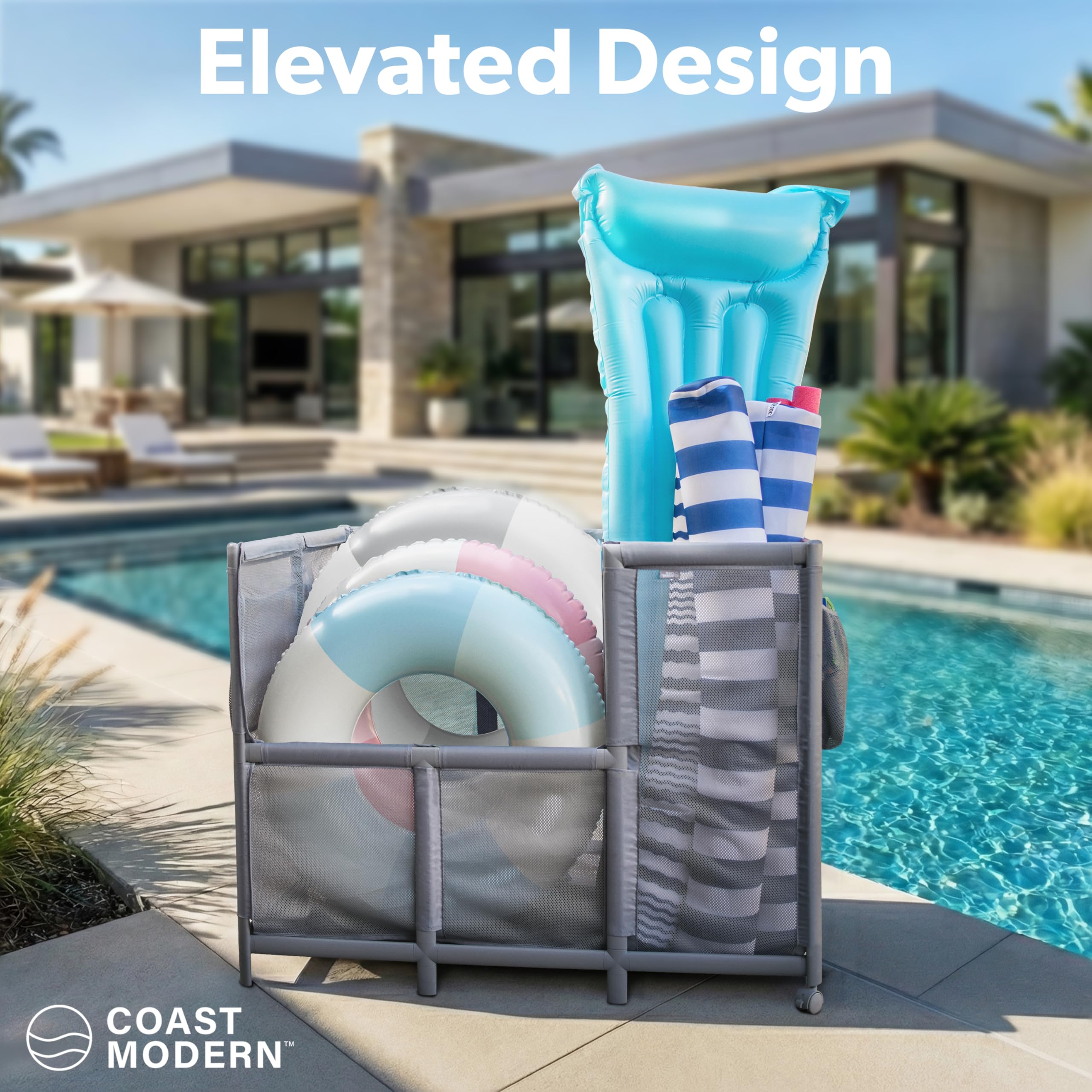 GoSports Coast Modern mesh storage highlights ample pool gear organization for floats