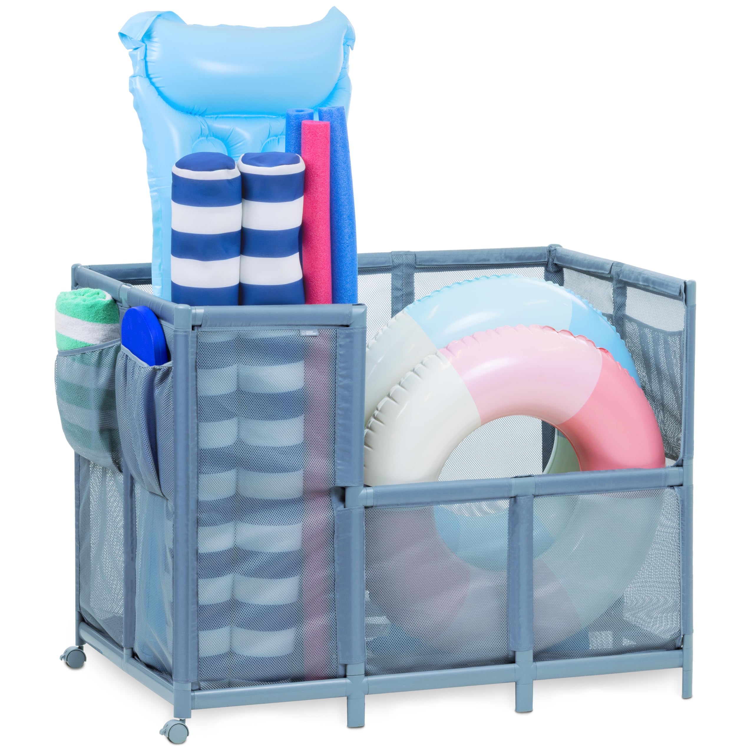 GoSports Coast Modern pool storage bin fully assembled beside the pool, keeping floats organized.