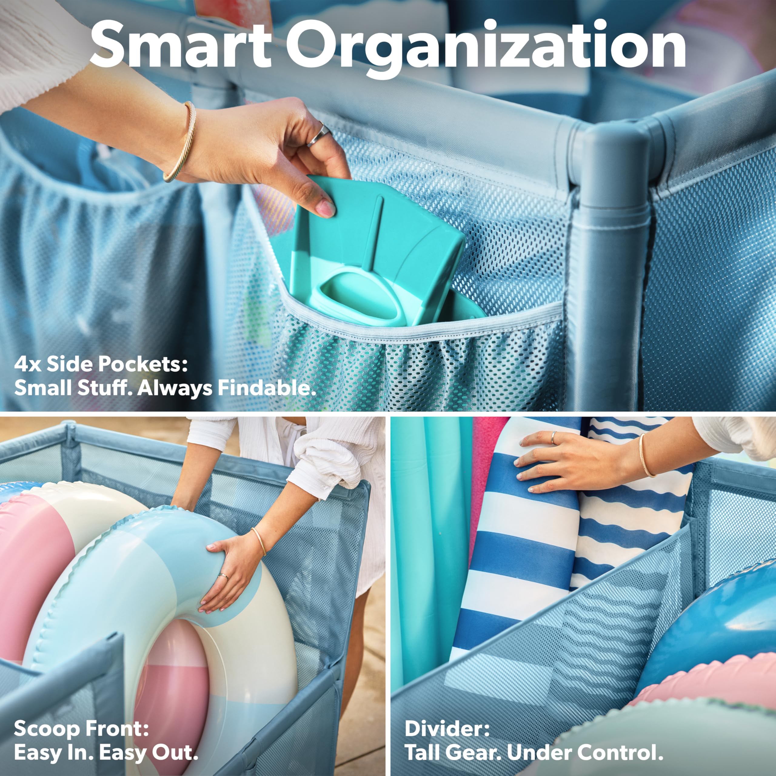 GoSports Coast Modern bin features four built-in pockets for small toys.