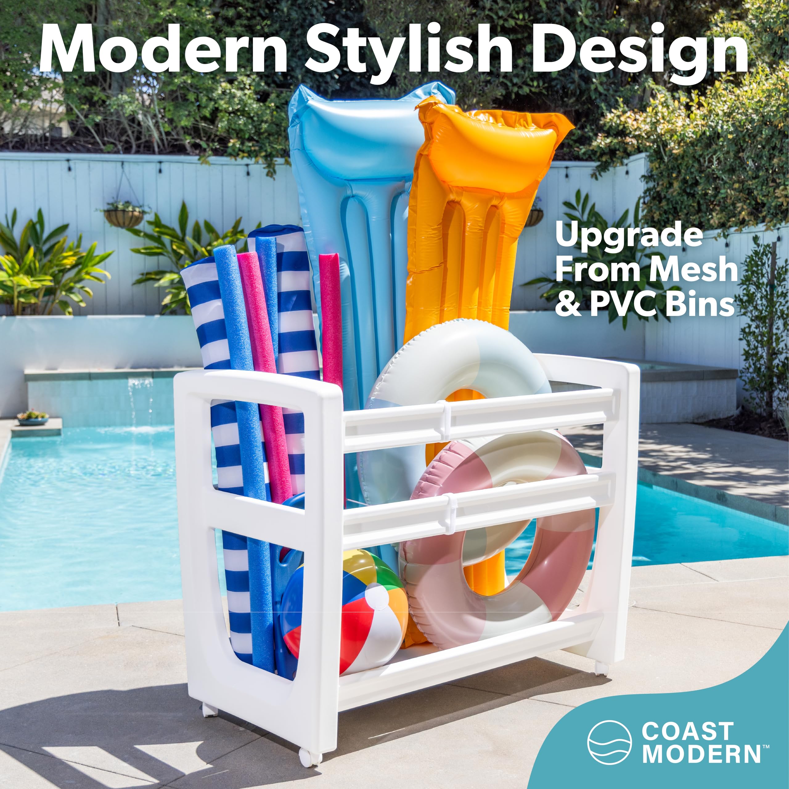 GoSports Coast Modern pool storage bin side angle for easy access to noodles