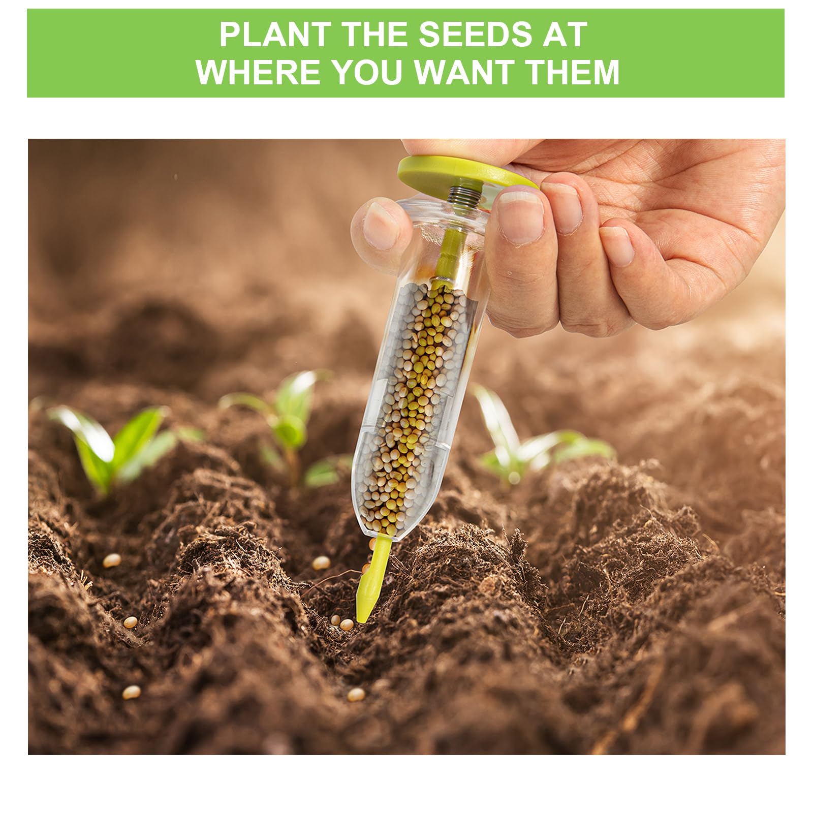 Gostur seed sowers with five outlets for different seed sizes in use.