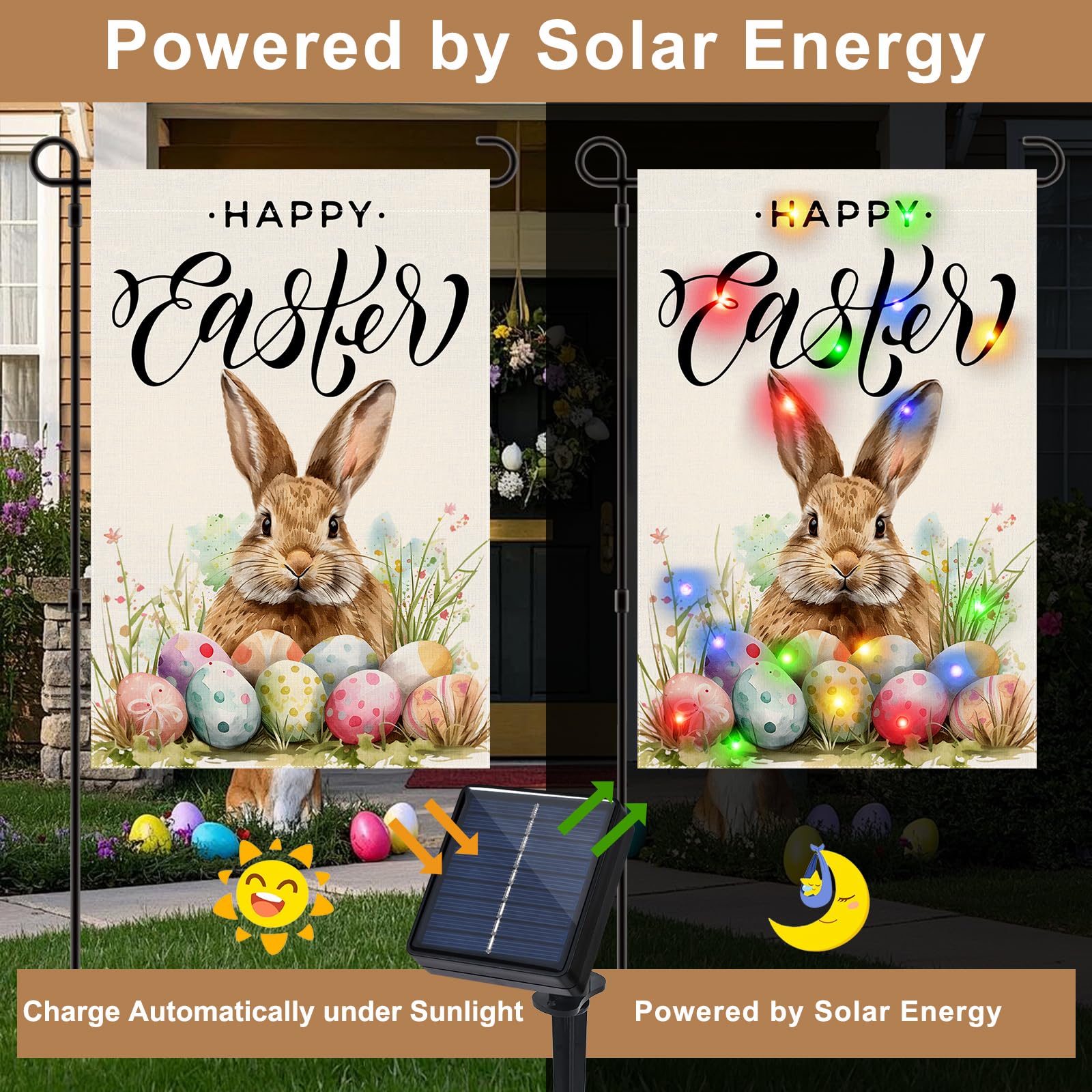 Gosuoa Easter flag solar panel exposure enabling daytime charging.