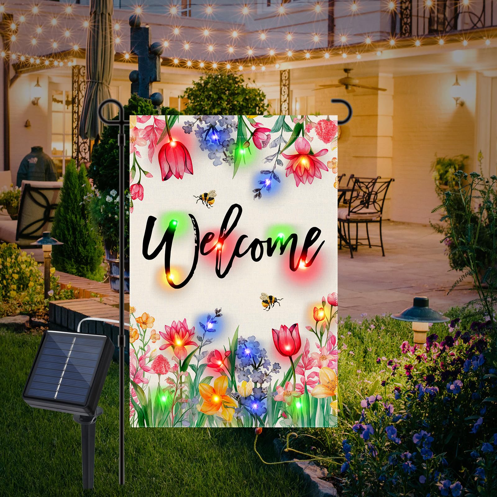 Gosuoa floral welcome flag glows at dusk, inviting guests with warm spring charm