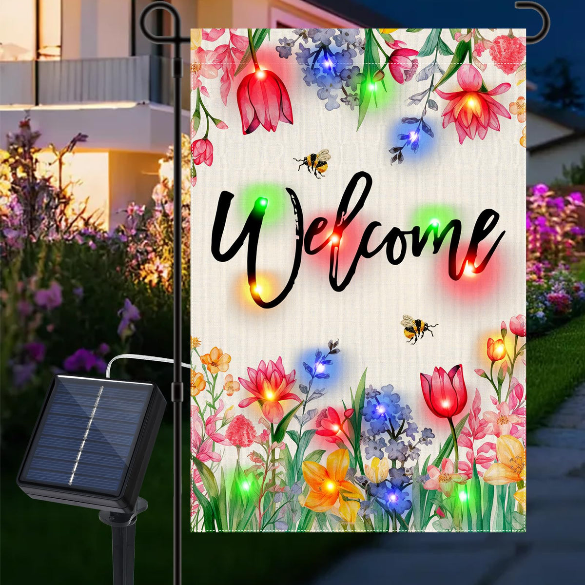 Gosuoa solar LED spring garden flag 12x18, vibrant floral design for day and night appeal