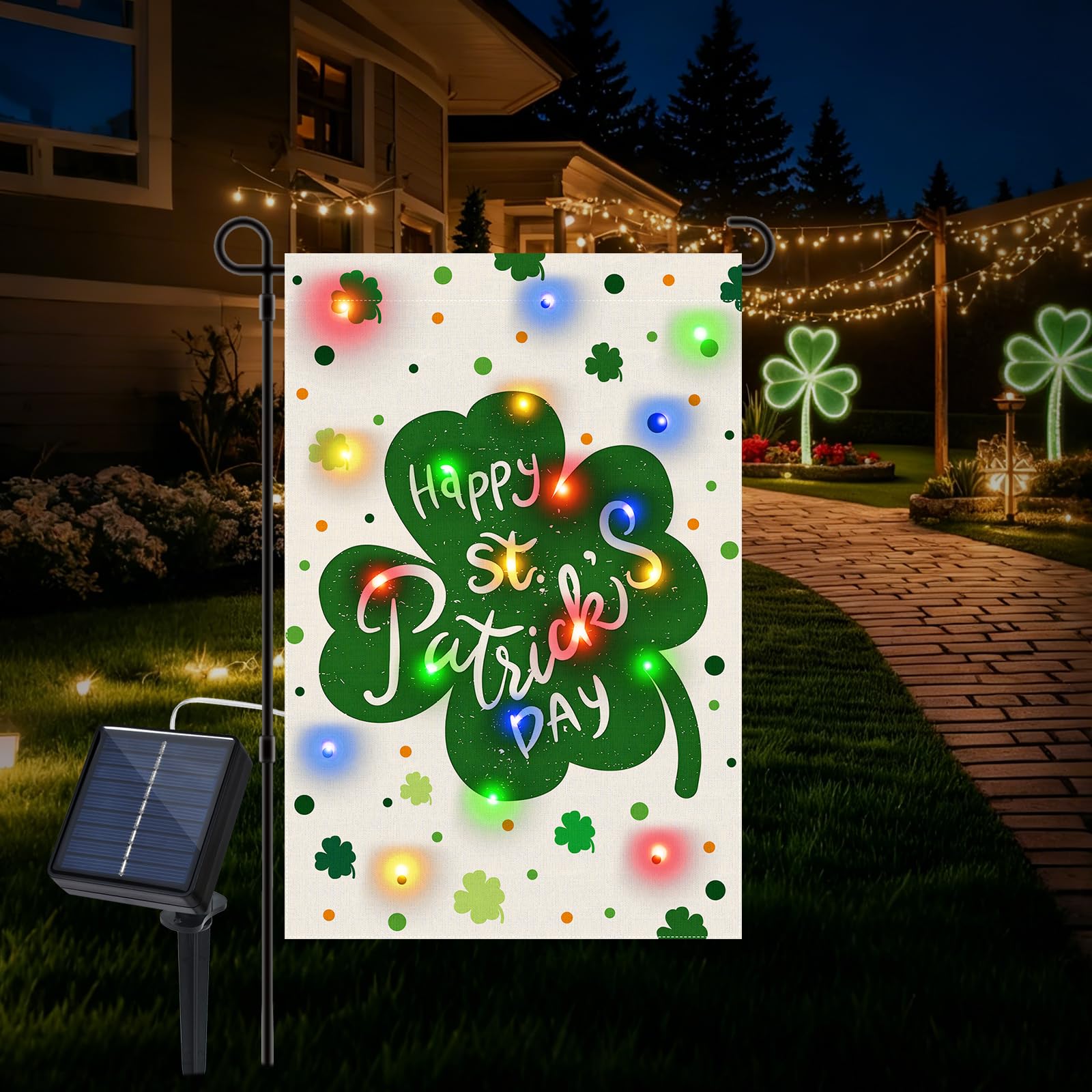 Gosuoa solar-powered garden flag illuminates at dusk, adding festive curb appeal