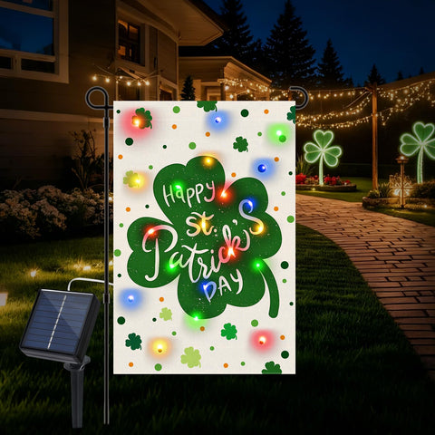 Gosuoa solar-powered garden flag illuminates at dusk, adding festive curb appeal