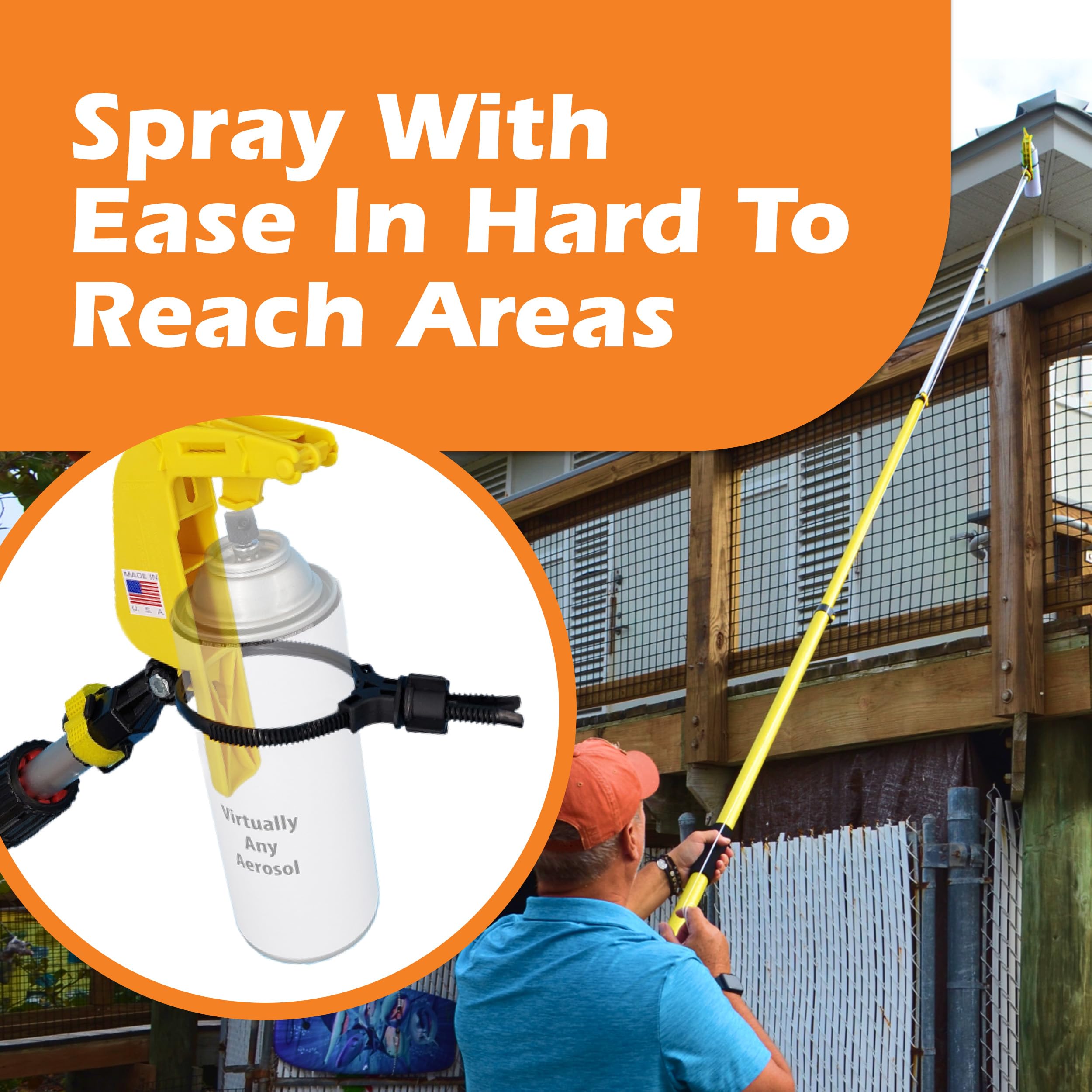 Gotcha Sprayer Pro Extension Pole Adaptor on pole enables distant spray control.