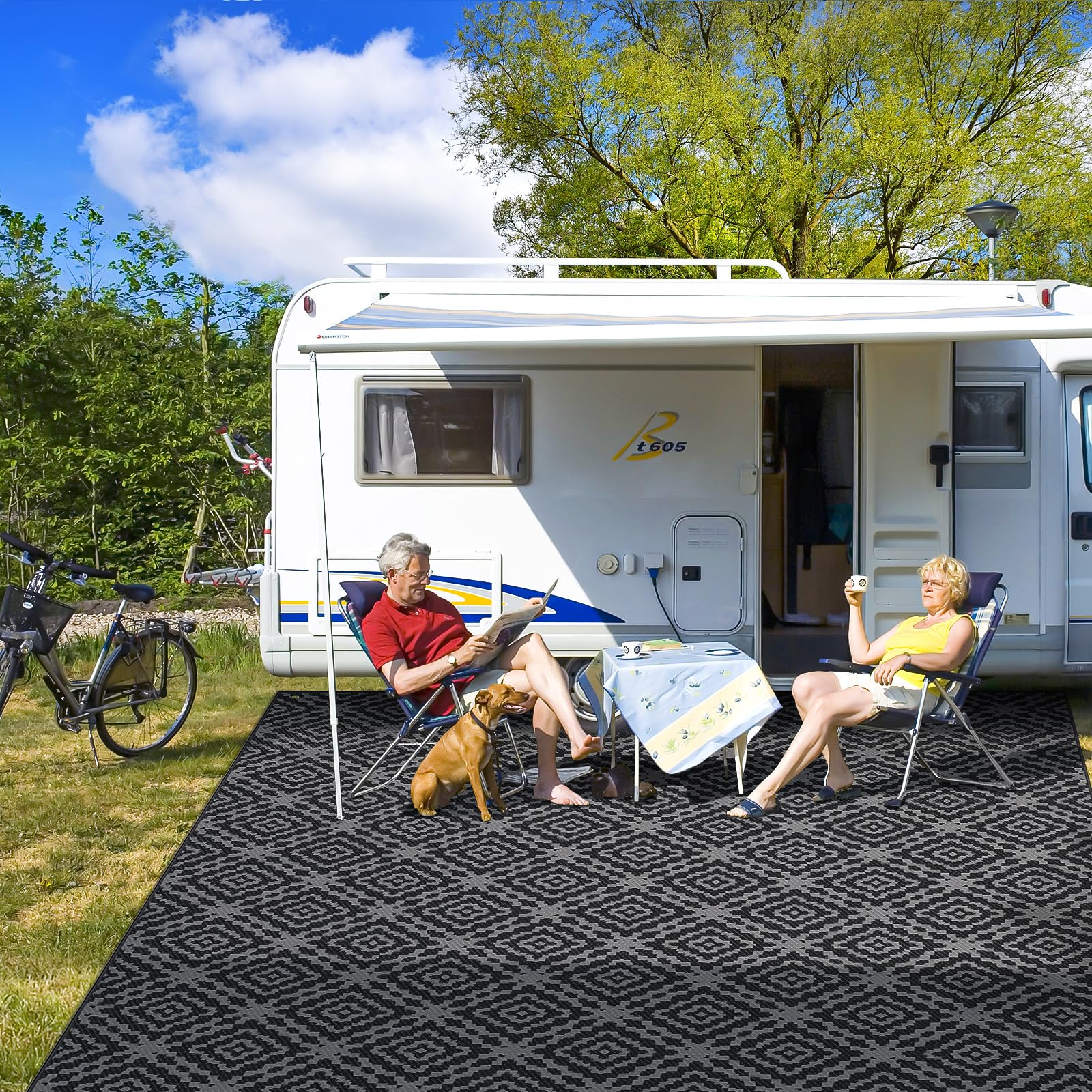 GOTGELIF outdoor rug 9x18ft front view showing dual-sided design for versatile outdoor styling