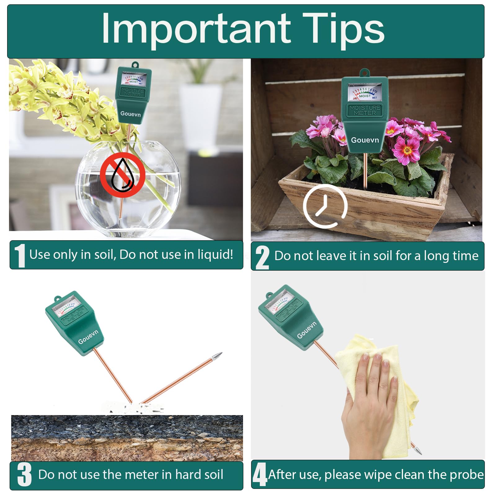 Gouevn meter used indoors or outdoors with large houseplants for precise watering.