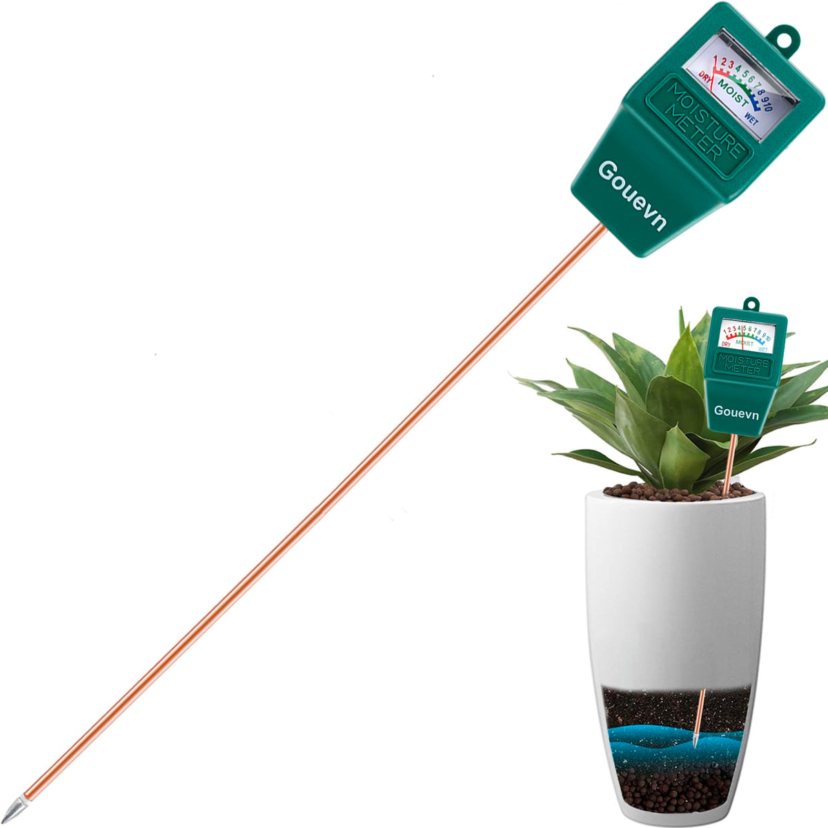 Gouevn long-probe soil moisture meter shows root-level moisture for healthier plants.