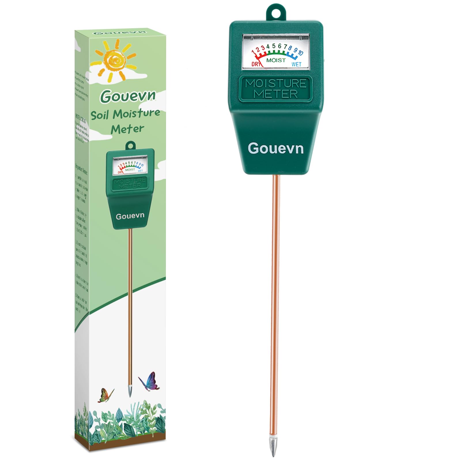 Gouevn probe-in-soil shows sensor placement for accurate moisture levels.
