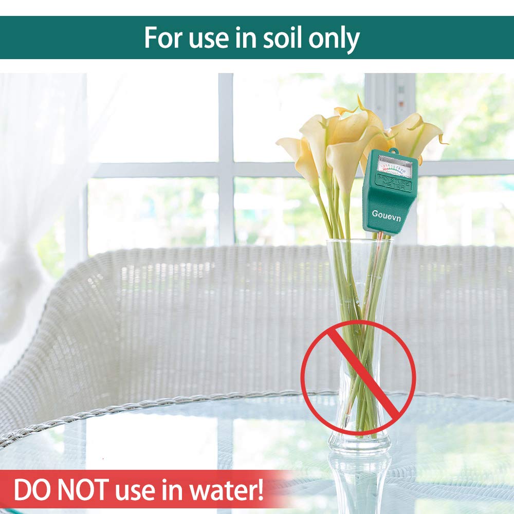 Gouevn moisture meter used indoors beside potted houseplants