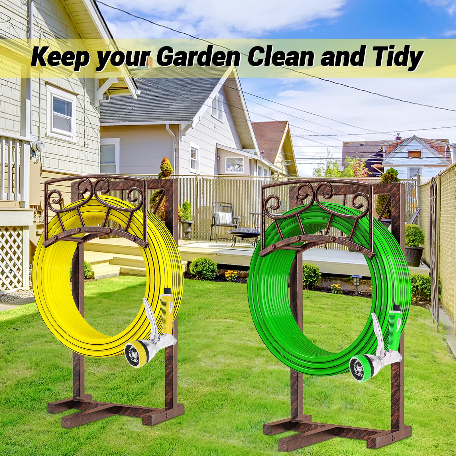 Gouisalin detachable freestanding hose holder enables easy relocation and winter storage.