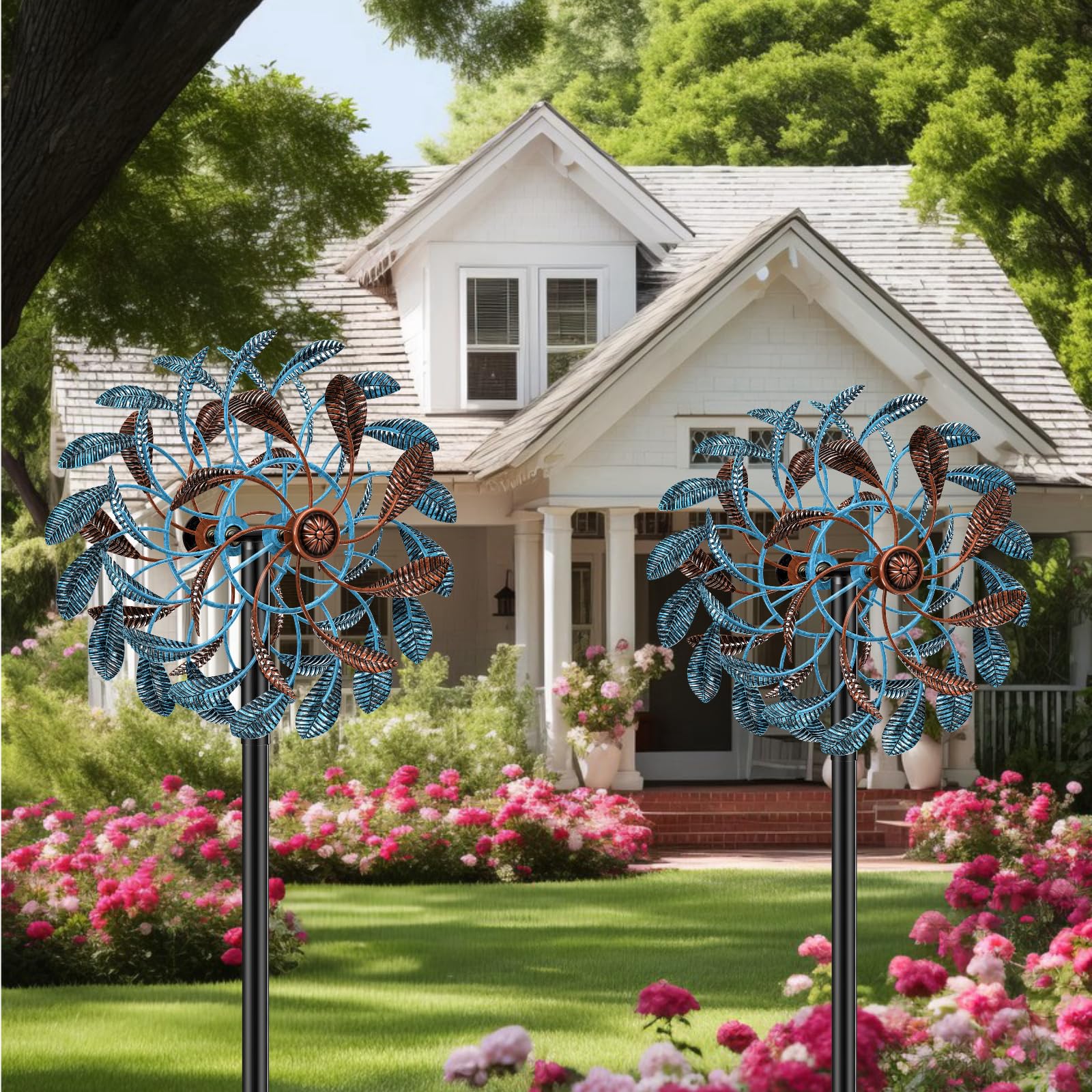 Gouisalin reversible wind spinner decor enhances garden ambiance day and night.