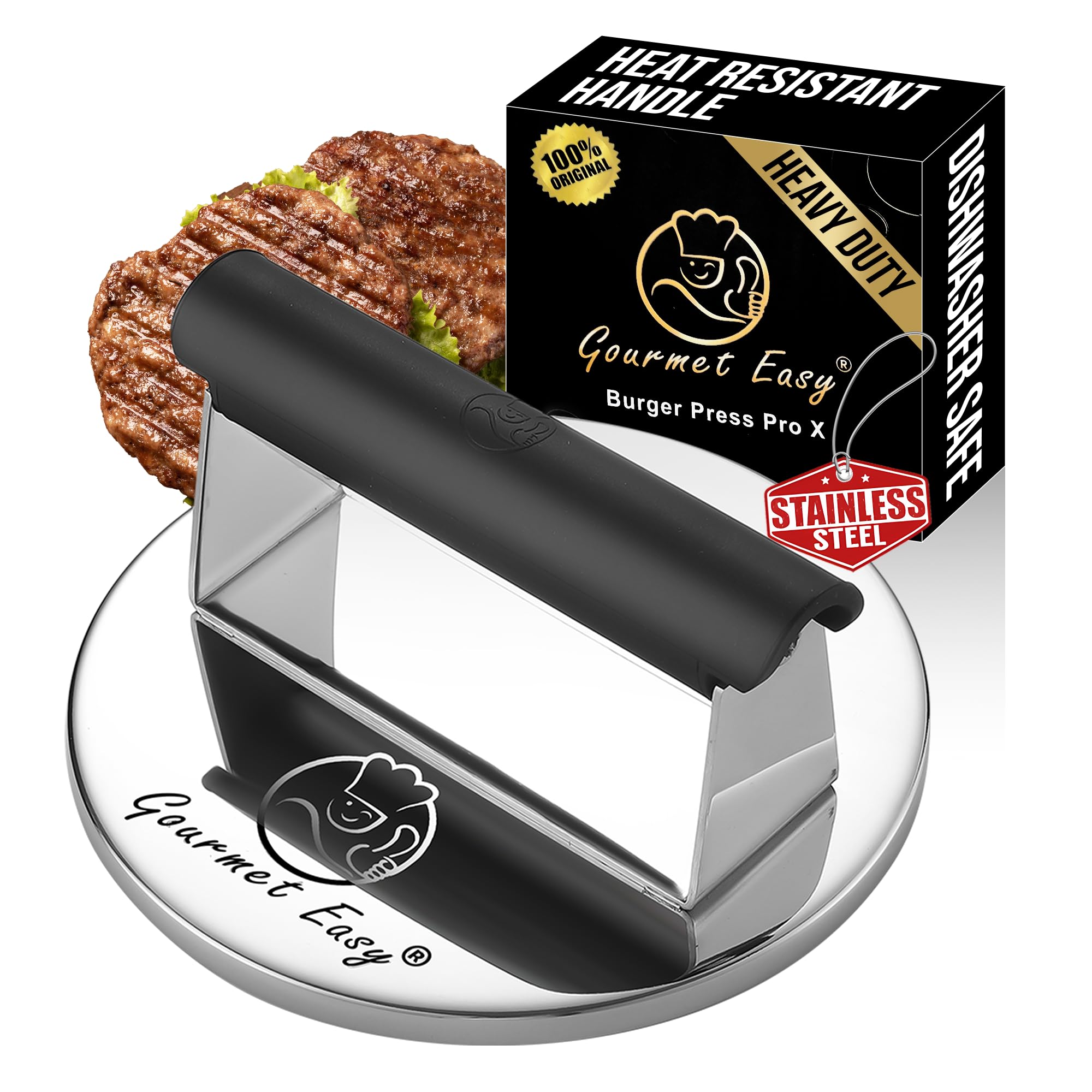Gourmet Easy 2lb Smash Burger Press on stainless steel surface for restaurant-like patties