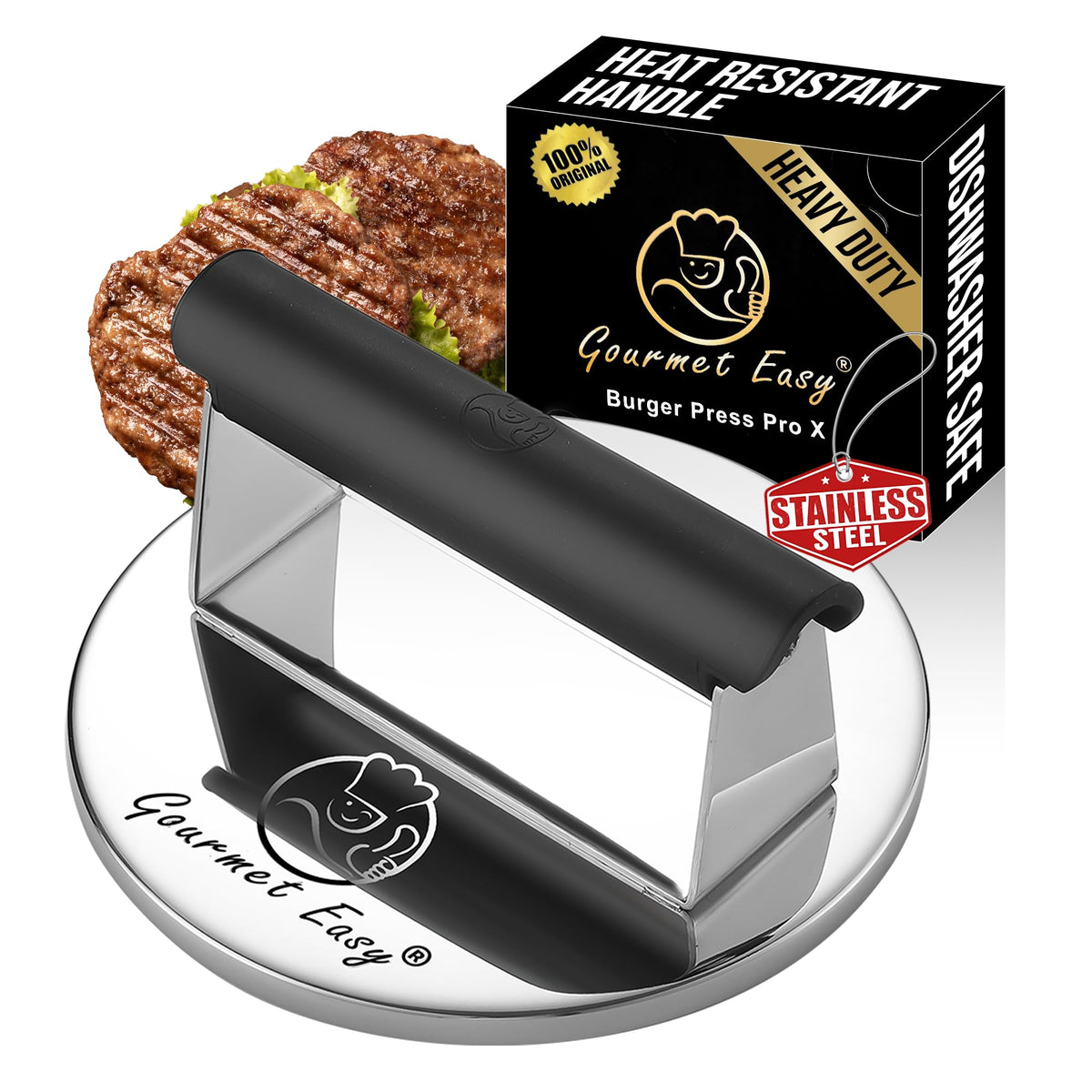 Gourmet Easy 2lb Smash Burger Press on stainless steel surface for restaurant-like patties