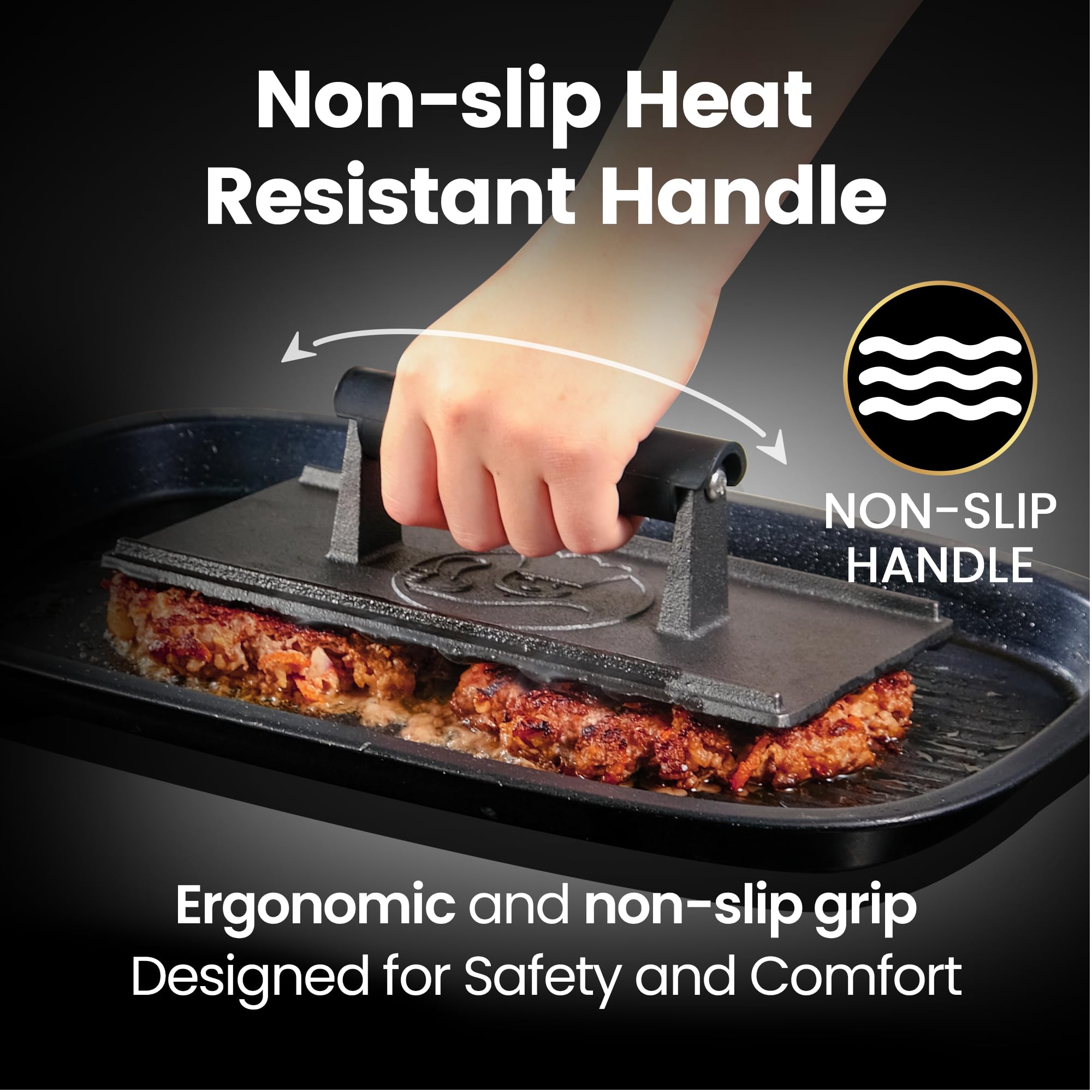 Gourmet Easy grill press handle closeup highlighting heat resistant grip