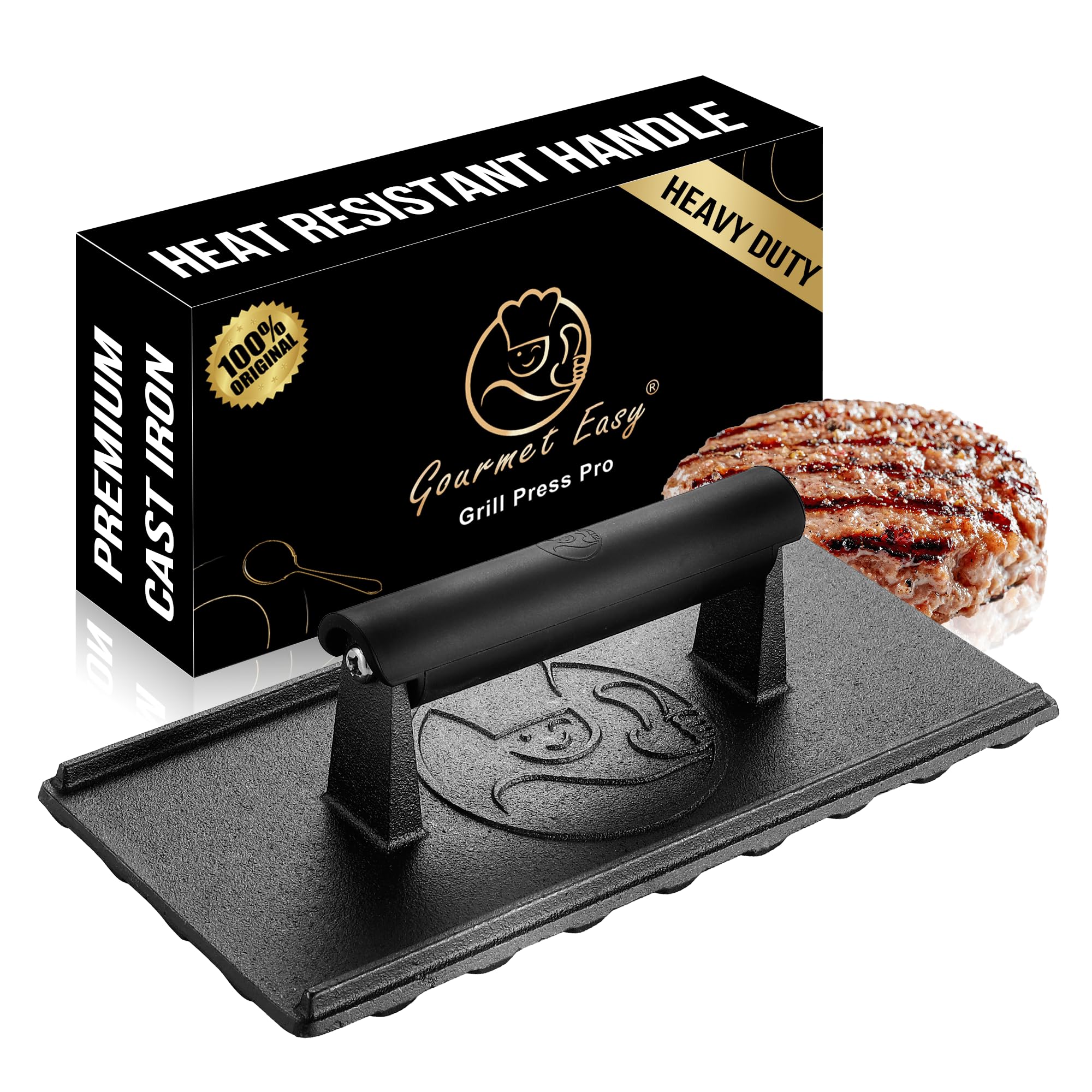 Gourmet Easy grill press top view showing durable cast iron for even cooking