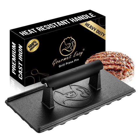 Gourmet Easy grill press top view showing durable cast iron for even cooking