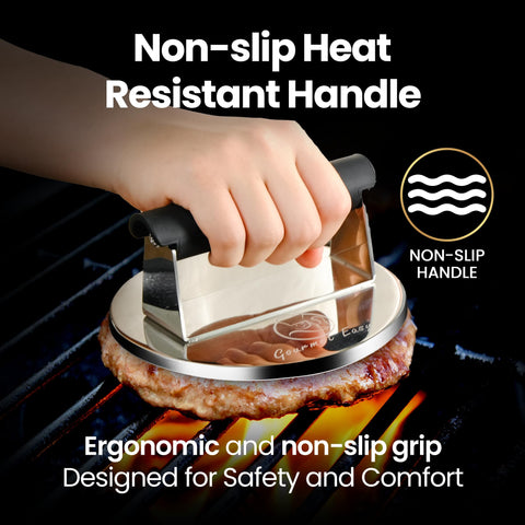 Gourmet Easy burger press with heat-resistant handle for safe grip while grilling