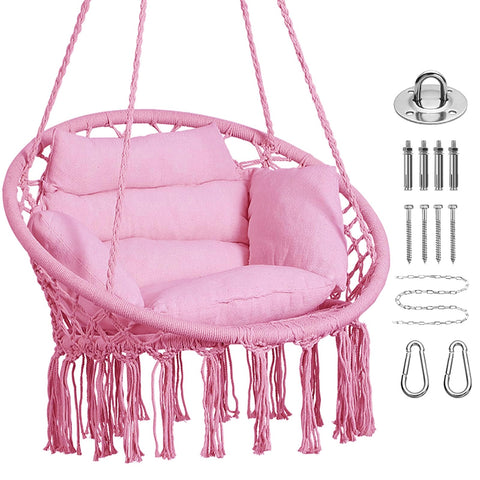 Goutime hammock chair with pink macrame weave for cozy outdoor lounging.