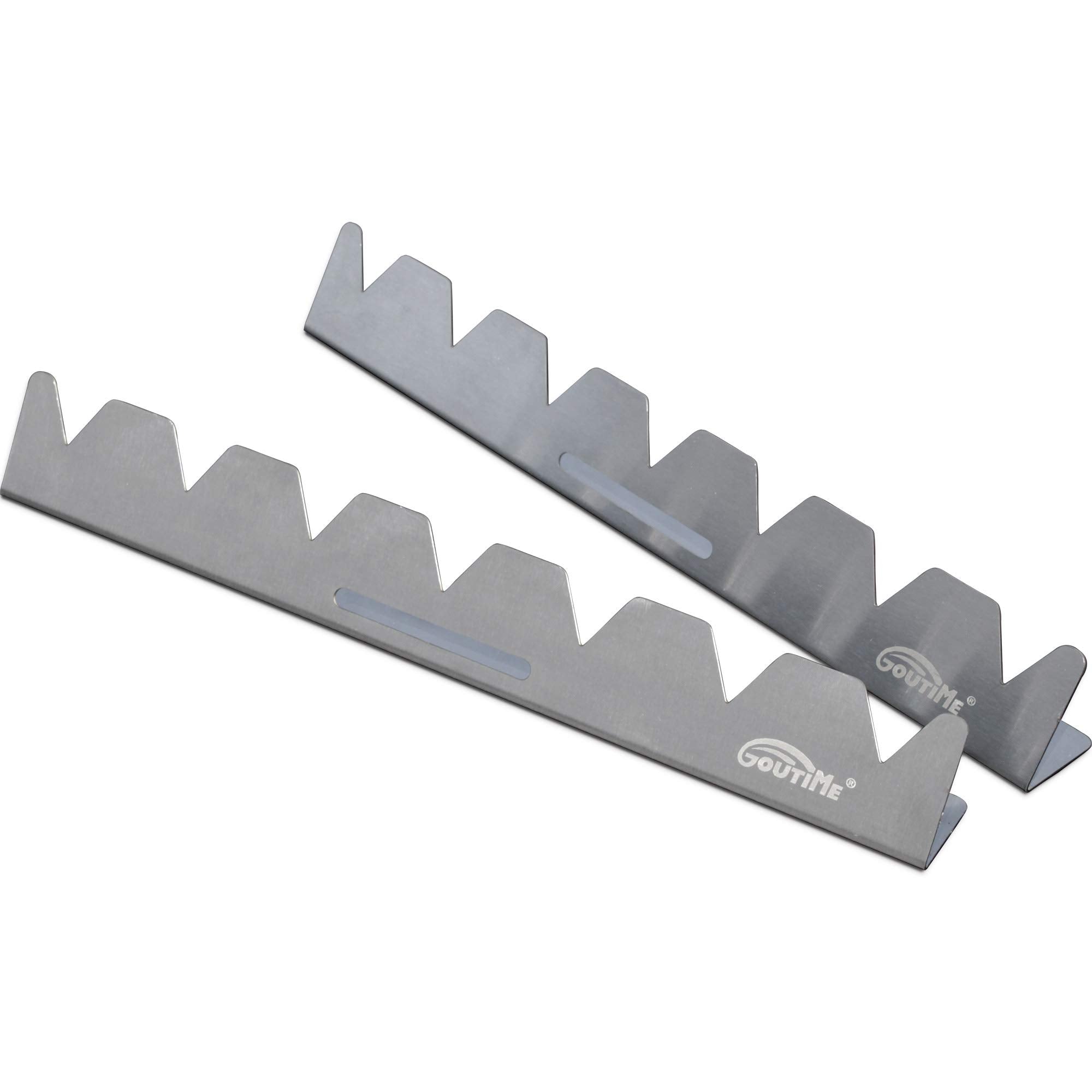 Goutime stainless steel shish kabob rack with triangle design for stability.