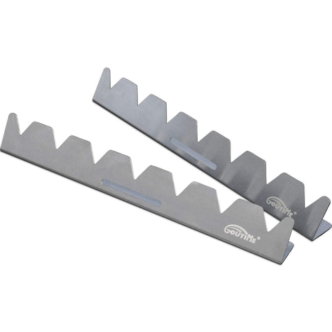 Goutime stainless steel shish kabob rack with triangle design for stability.
