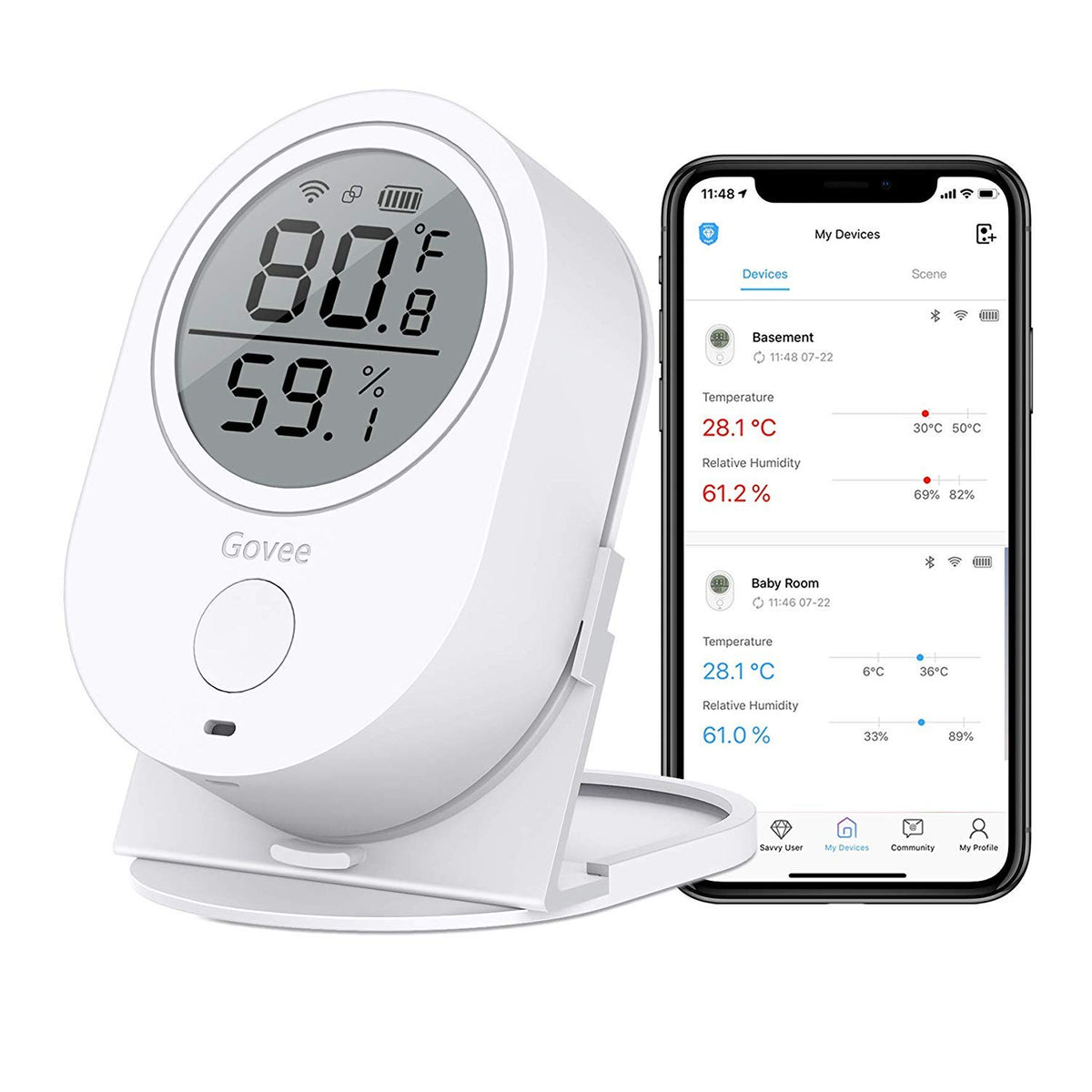 Govee H5051 front LCD display showing temperature and humidity for quick checks.