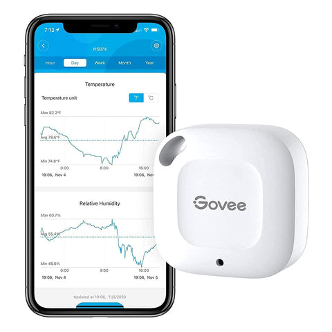Govee hygrometer front view showing the compact device and real-time readings