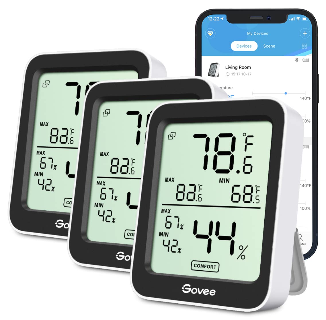 Govee Indoor Hygrometer three-pack front view for space-saving room placement.
