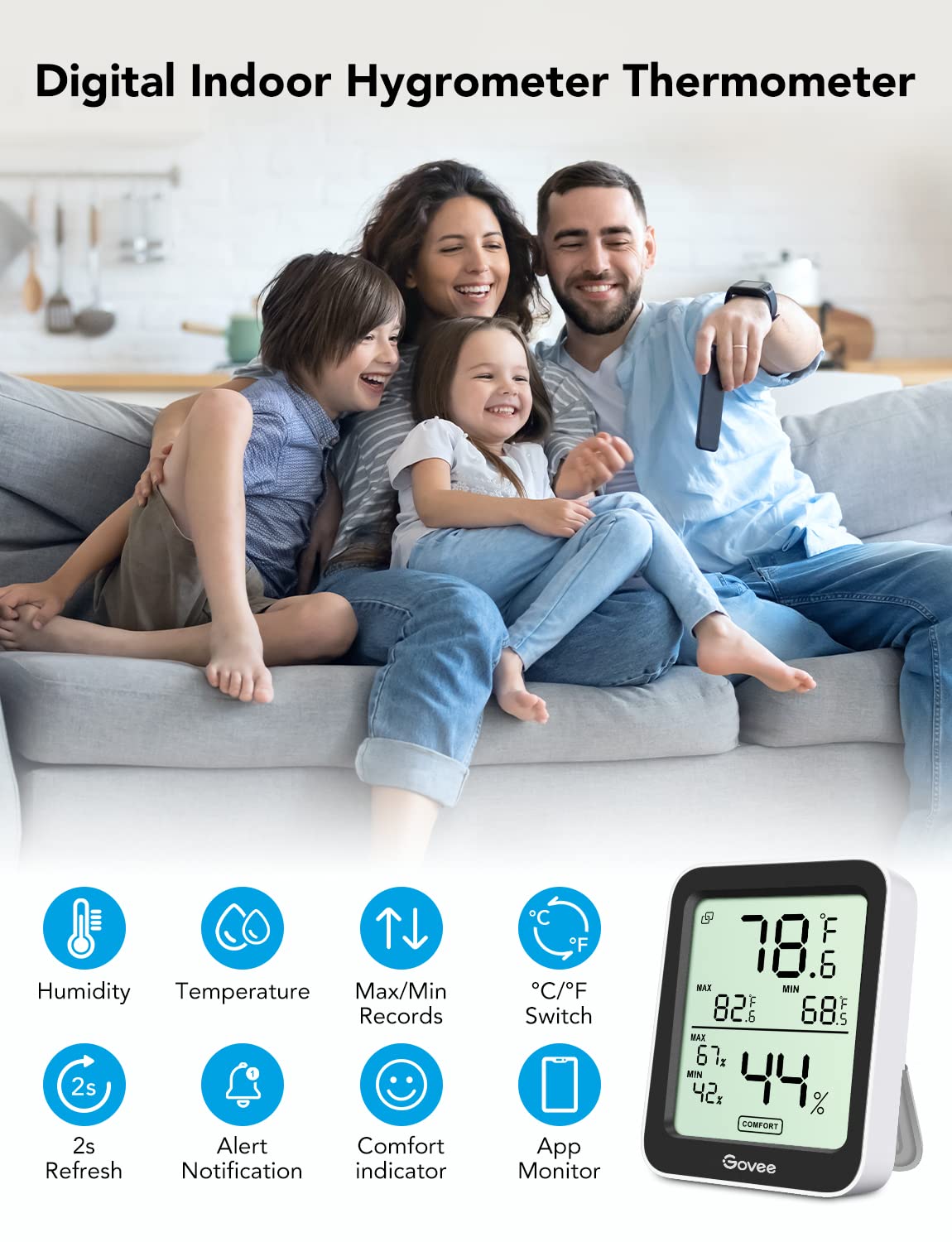 Govee Indoor Hygrometer three-pack large display close-up for easy readability.