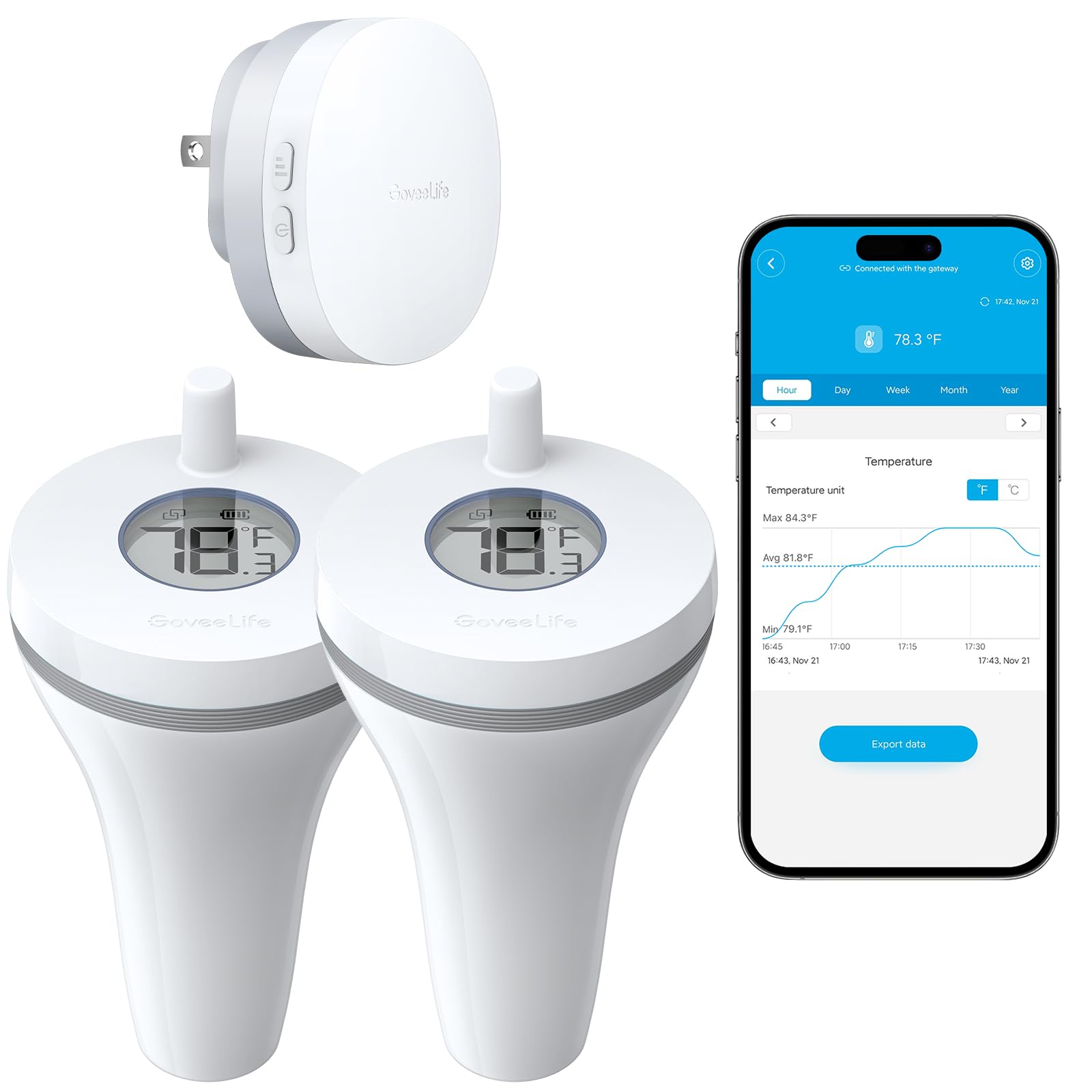 GoveeLife pool thermometer with WiFi gateway displays real time water temperature.