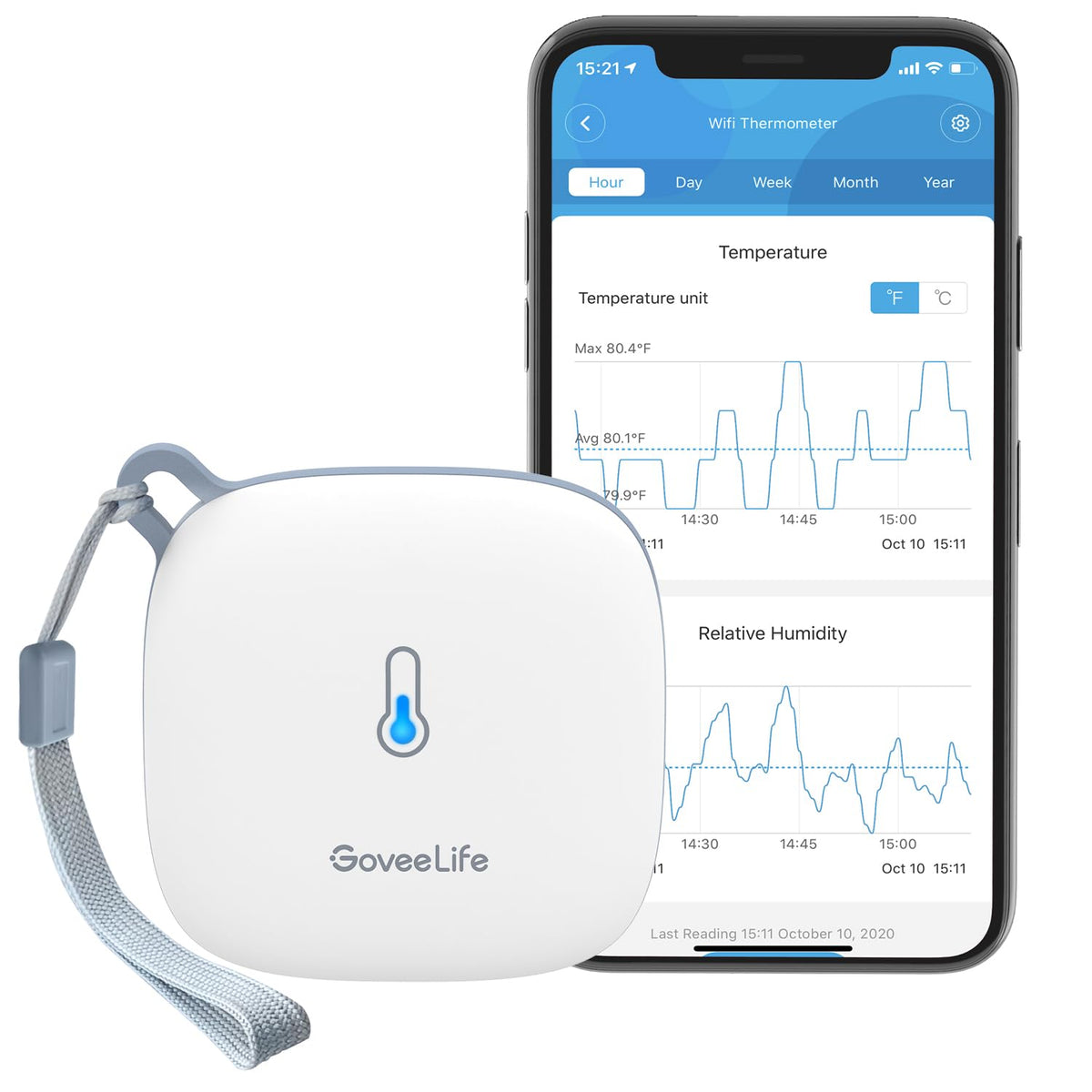 GoveeLife H5179 front view shows compact hygrometer for precise room monitoring.