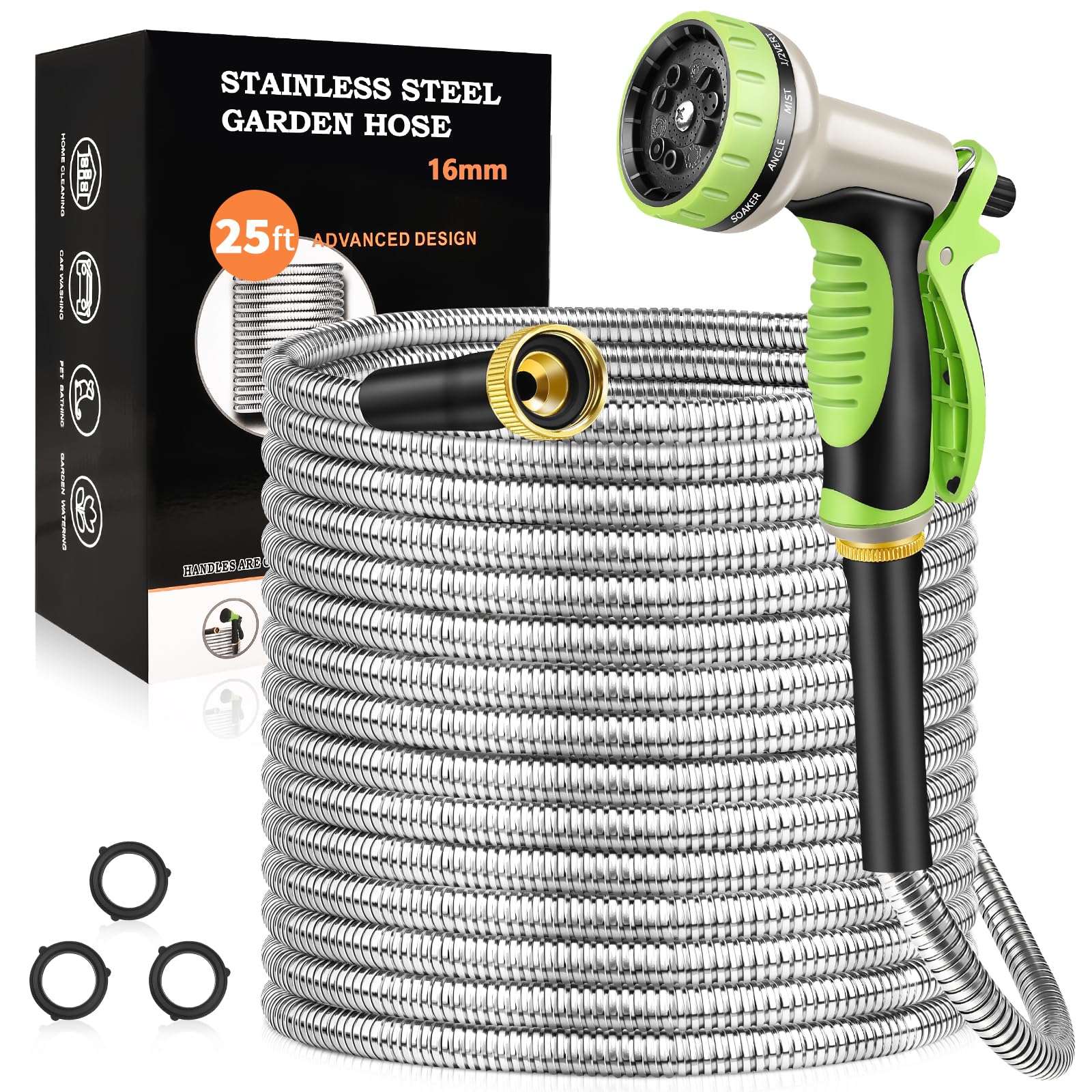 GOXAWEE garden hose 25ft with stainless steel shell for durable yard watering.