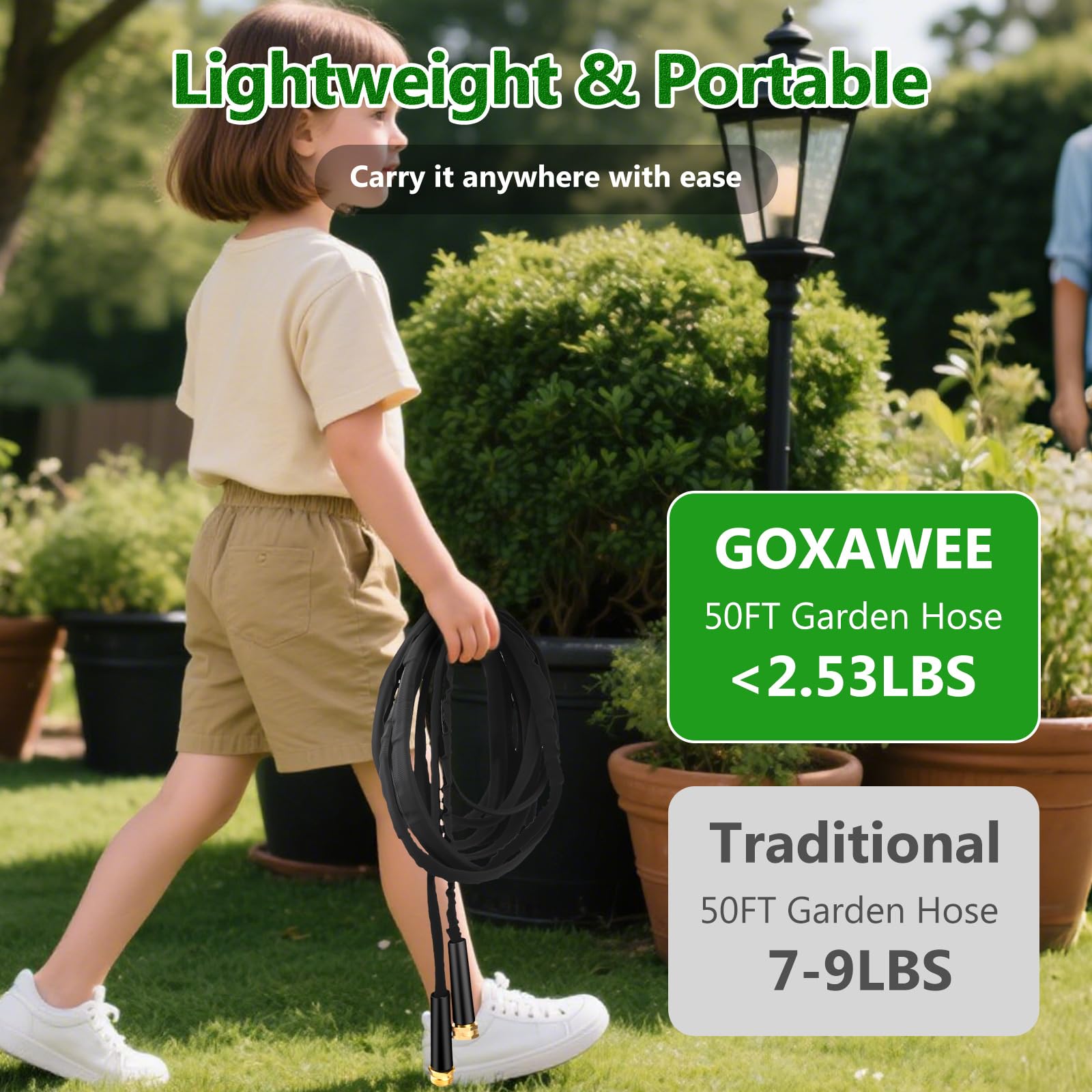 GOXAWEE garden hose with aluminum-plated copper connectors for a secure leak-free connection
