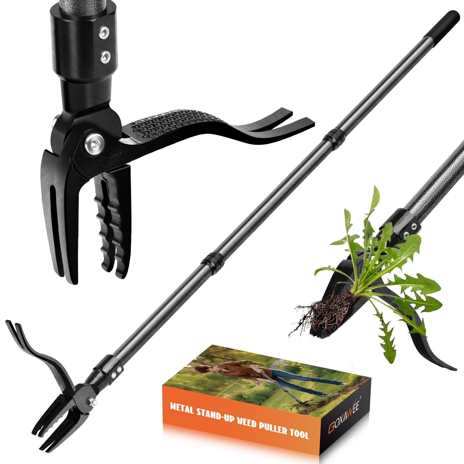 GOXAWEE stand up weed puller with 45-inch handle for back-friendly gardening.