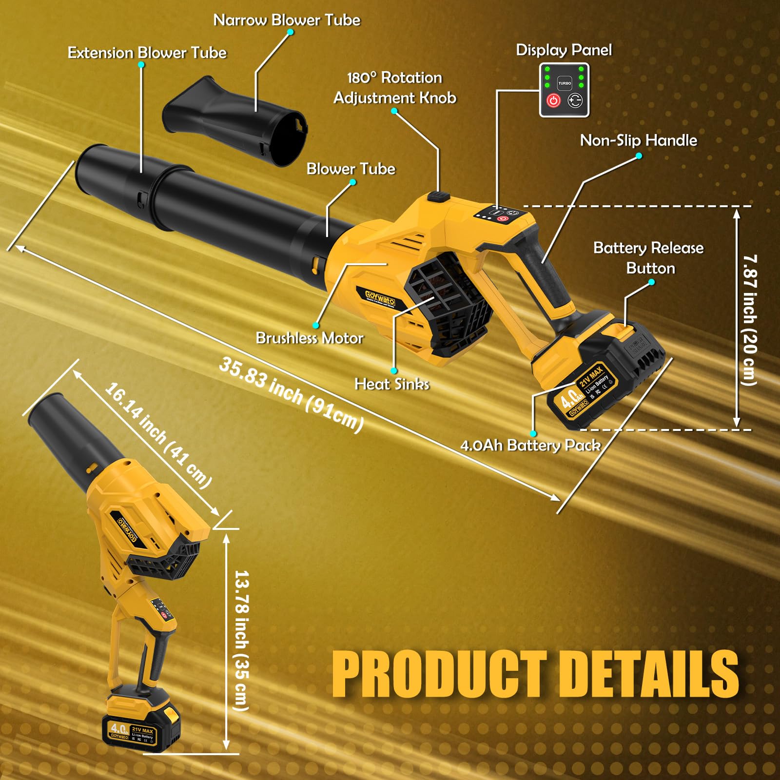 GoYwato cordless leaf blower with 180-degree handle for flexible operation.