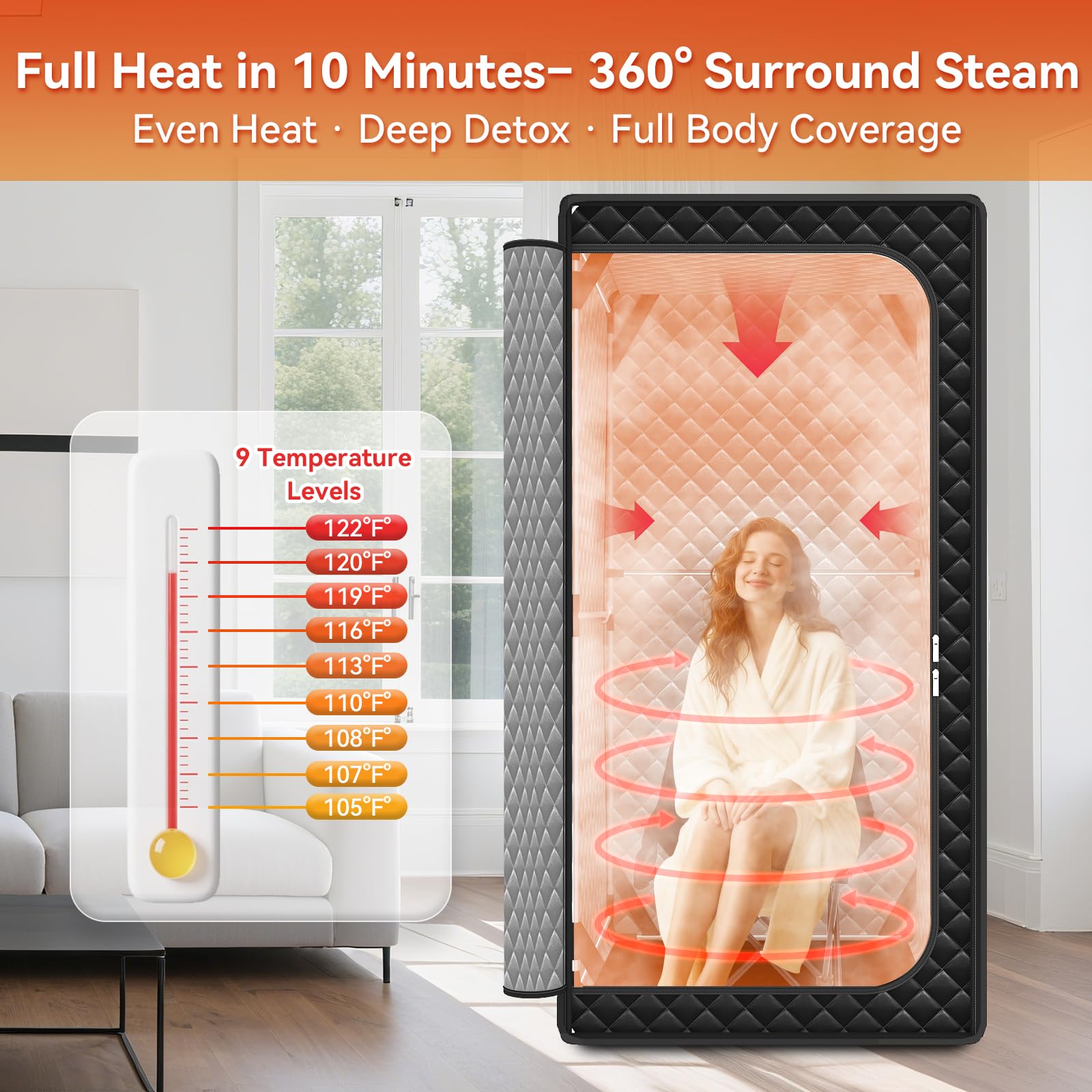 Gozuna 1300W steamer delivers fast steam in minutes for quick sessions.