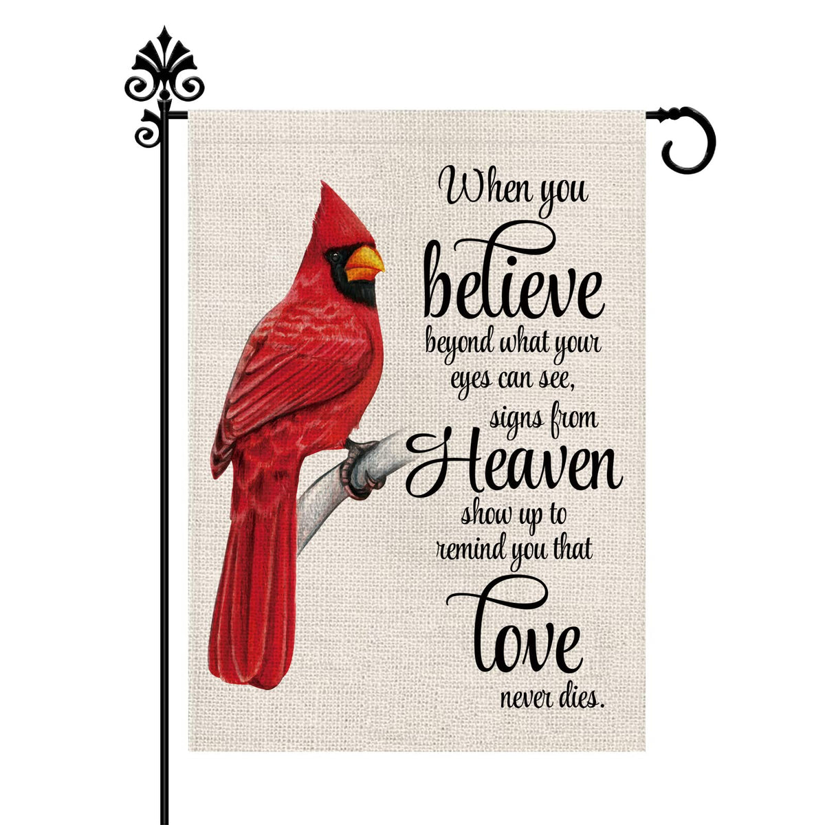 GPGHE Cardinal garden flag shows burlap texture with double-sided print for outdoor display.