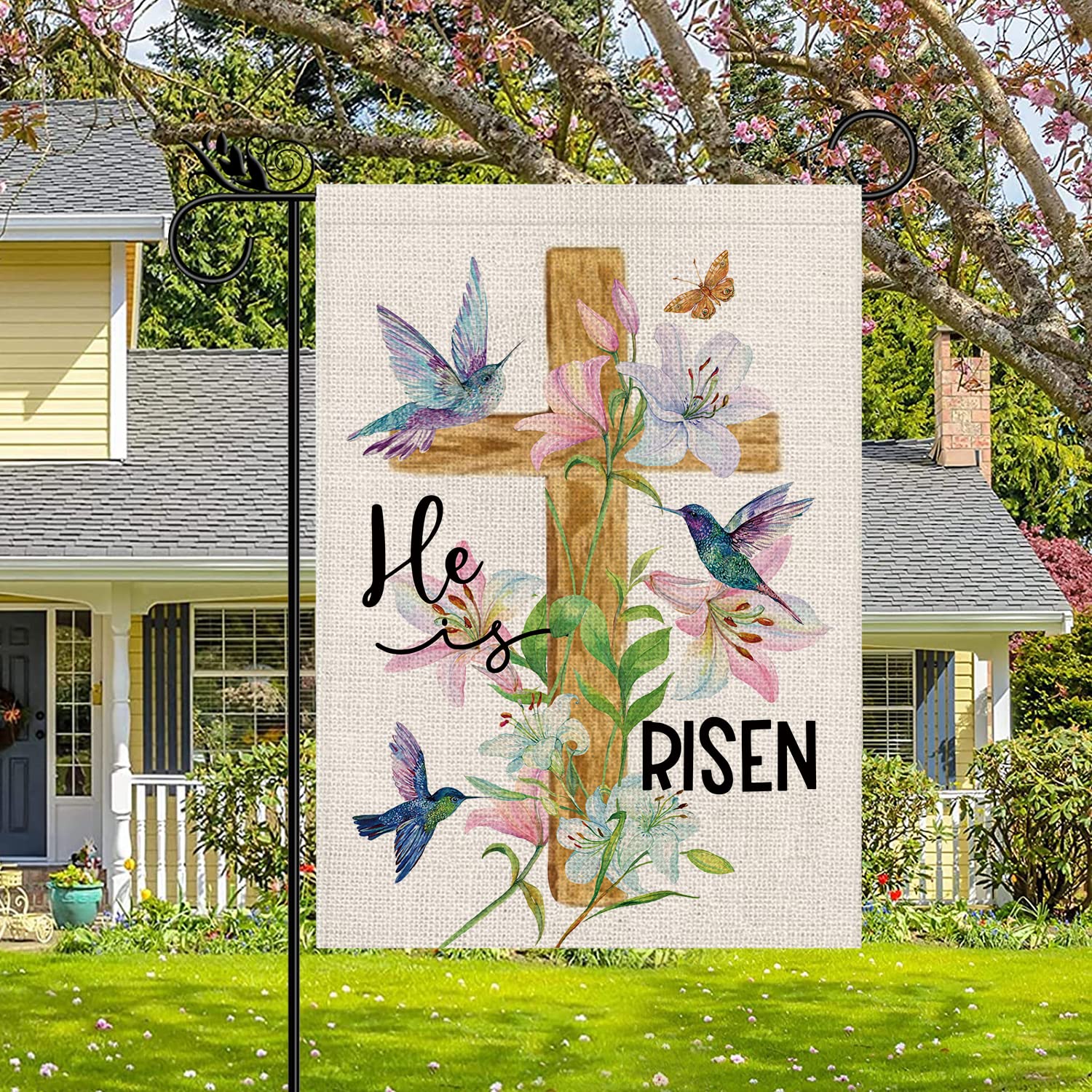 GPGHE Easter flag measures 12-5x18 inches for vertical displays.
