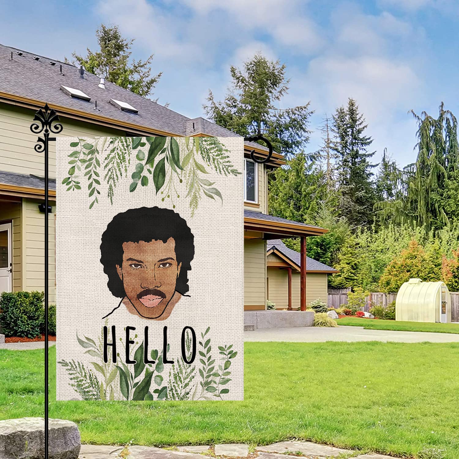 GPGHE Hello Funny Garden Flag outdoor setup on a standard flag stand
