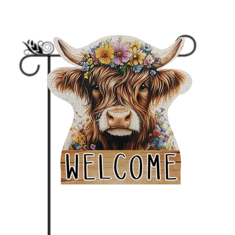 GPGHE Highland Cow flag burlap welcomes spring with vivid print and durable outdoor-ready design.