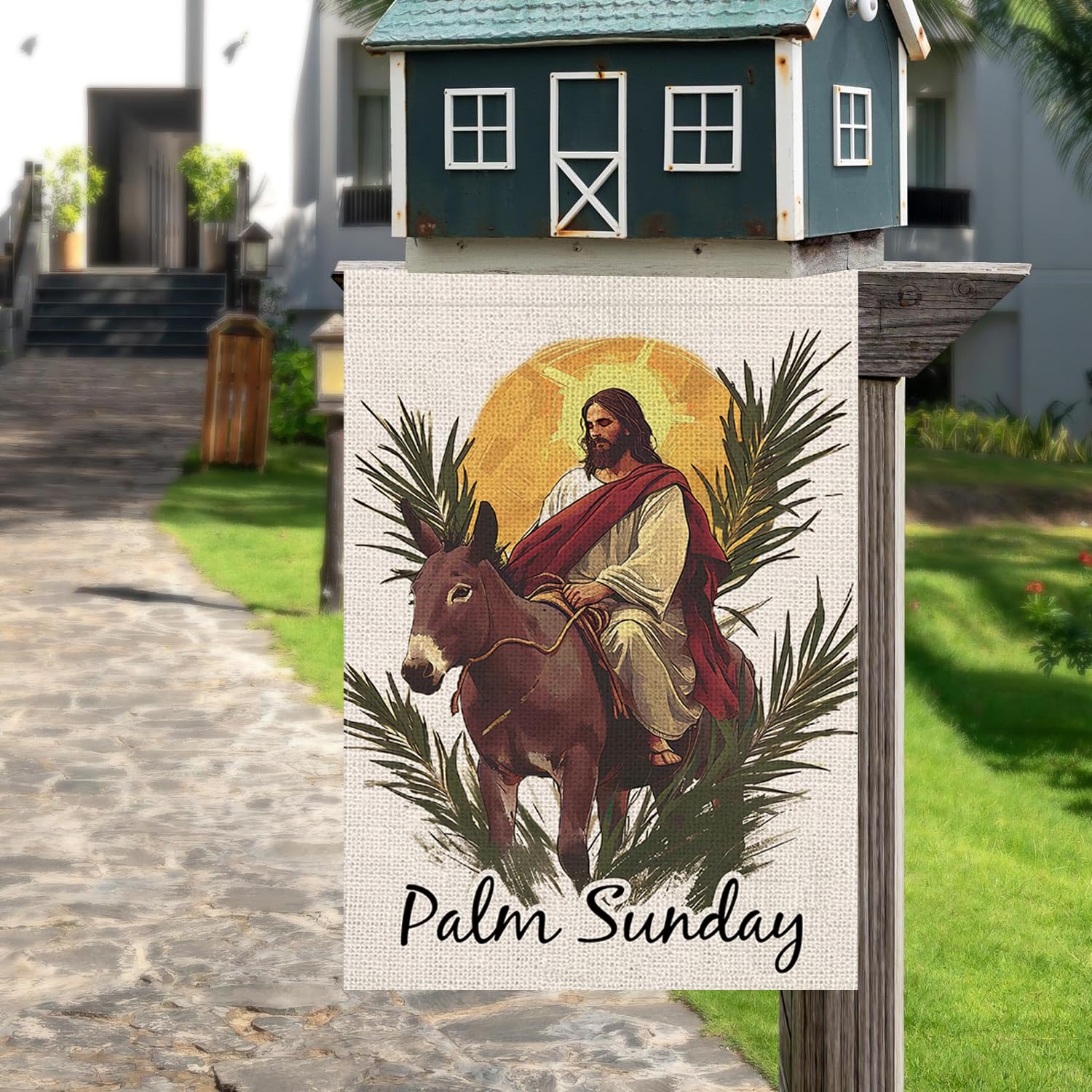 GPGHE Palm Sunday garden flag displayed in a garden enhances curb appeal.