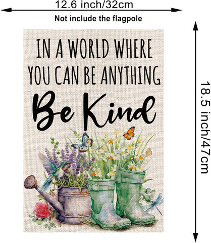GPGHE Be Kind garden flag vertical right, vibrant double-sided visibility for guests.