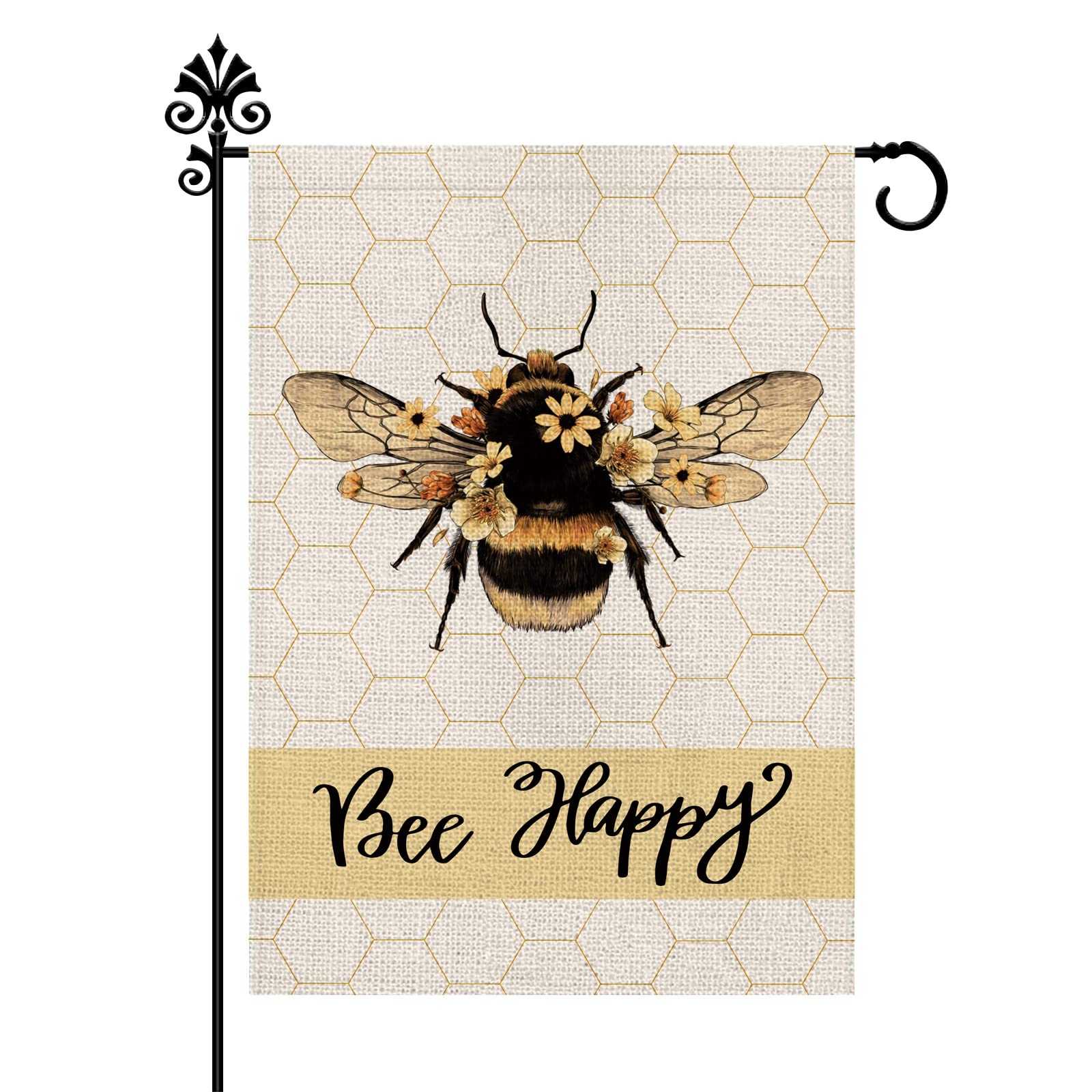 GPGHE Bee Happy flag displays vibrant bee and flowers for outdoor charm