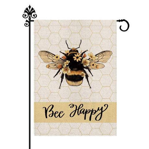 GPGHE Bee Happy flag displays vibrant bee and flowers for outdoor charm