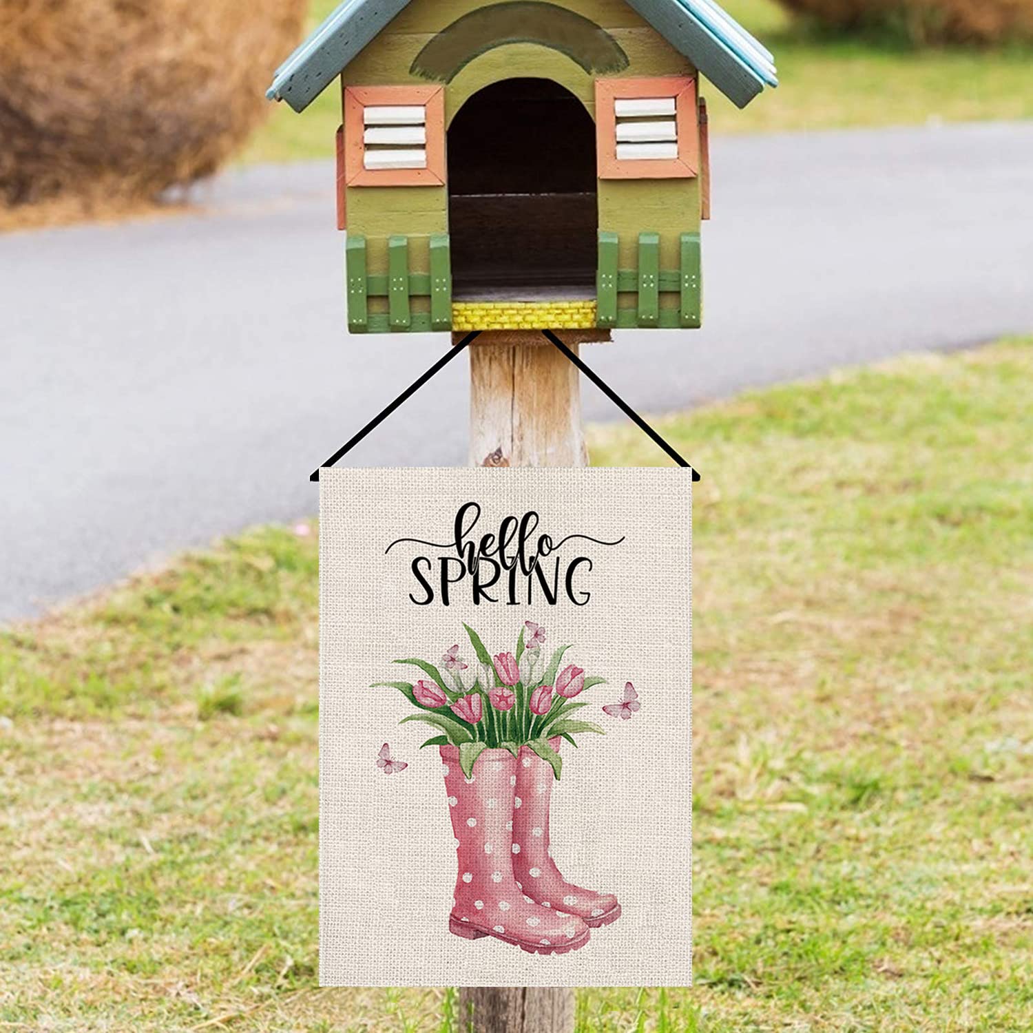GPGHE tulips Hello Spring flag on outdoor decor for front door display