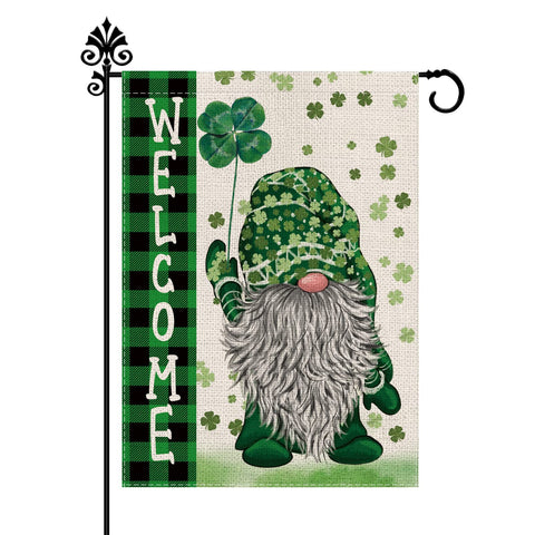GPGHE St Patrick's Day flag with a green gnome welcomes outdoor guests.