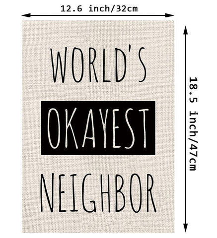 GPGHE World's Okayest Neighbor flag back rainbow view, double-sided display.