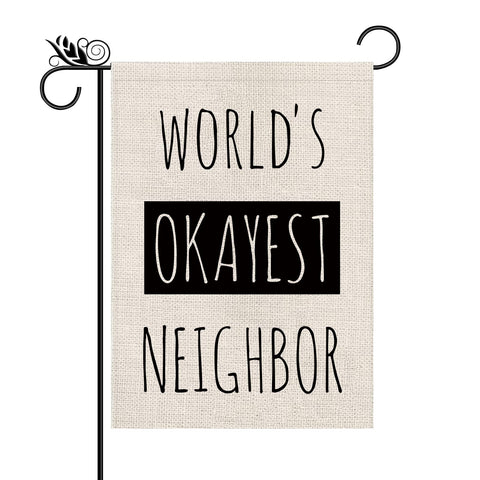 GPGHE World's Okayest Neighbor flag front rainbow view, enhancing curb appeal.